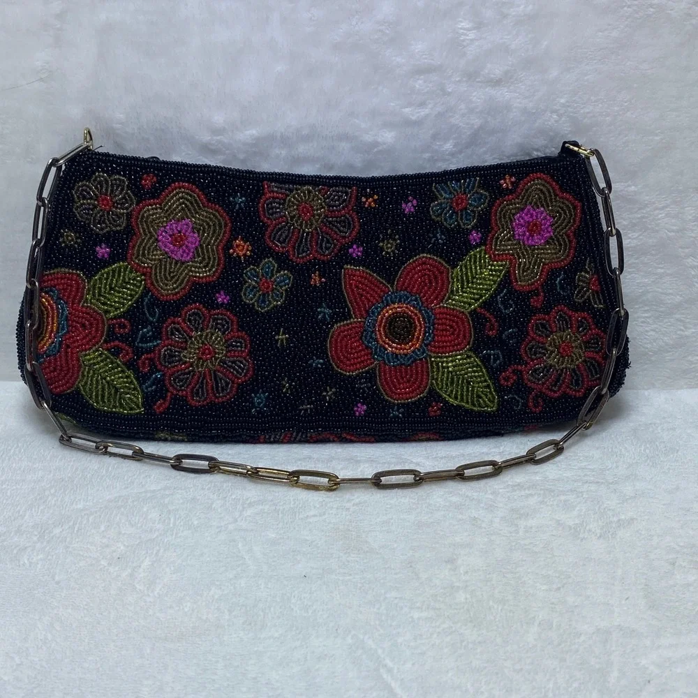 Black Beaded Evening Baguette Bag Color Purse Clutch with Chain Strap Flowers‎